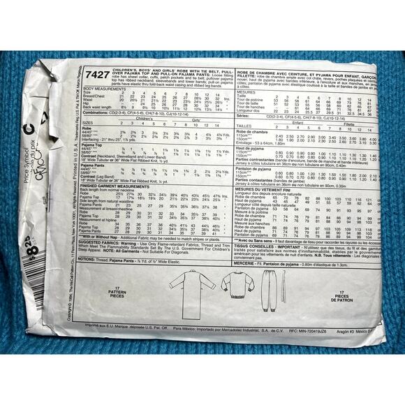 McCalls 7427 Sewing pattern Kids robe pajama top pant size 4 5 6 - Picture 3 of 6